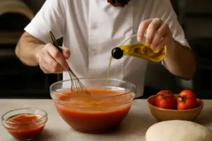 Emulsionare l’olio nella passata di pomodoro: perché i pizzaioli lo fanno davvero