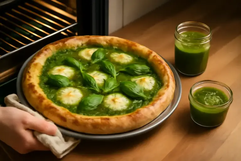 Pizza al pesto fatta in forno di casa: l’ingrediente extra che valorizza il sapore finale